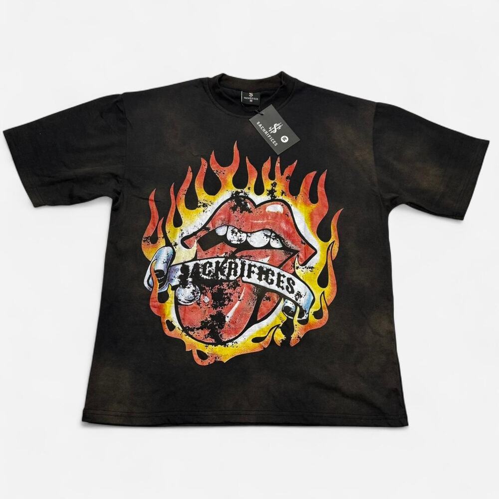 Sackrifices Flame Tongue Graphic Tee Black Front Back Print Size M